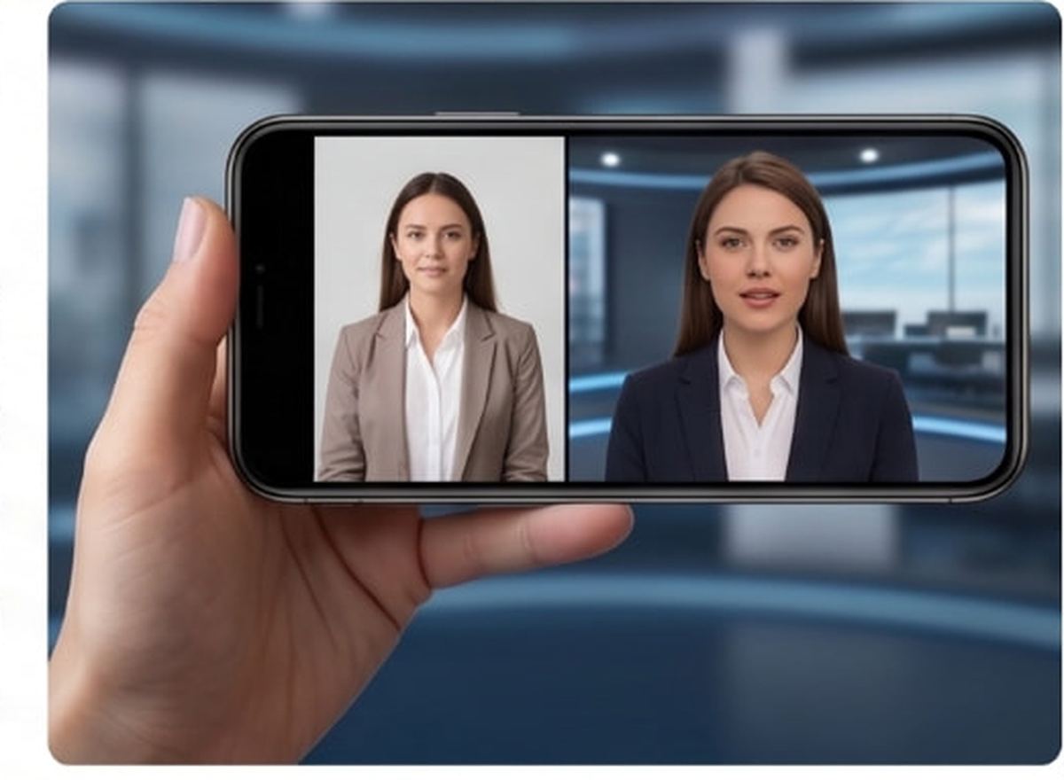 Phone held in hand showing a script-to-screen AI presenter delivering a business video