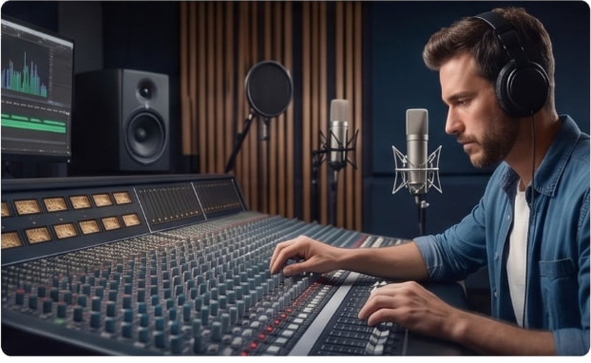 Engineer at a mixing console cleaning up a noisy recording, spectral waveform visible on screen