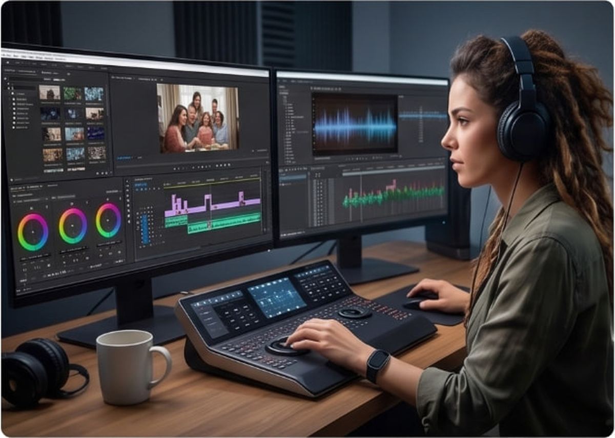 Colorist grading a family video on a control surface with color wheels and audio timeline on screen