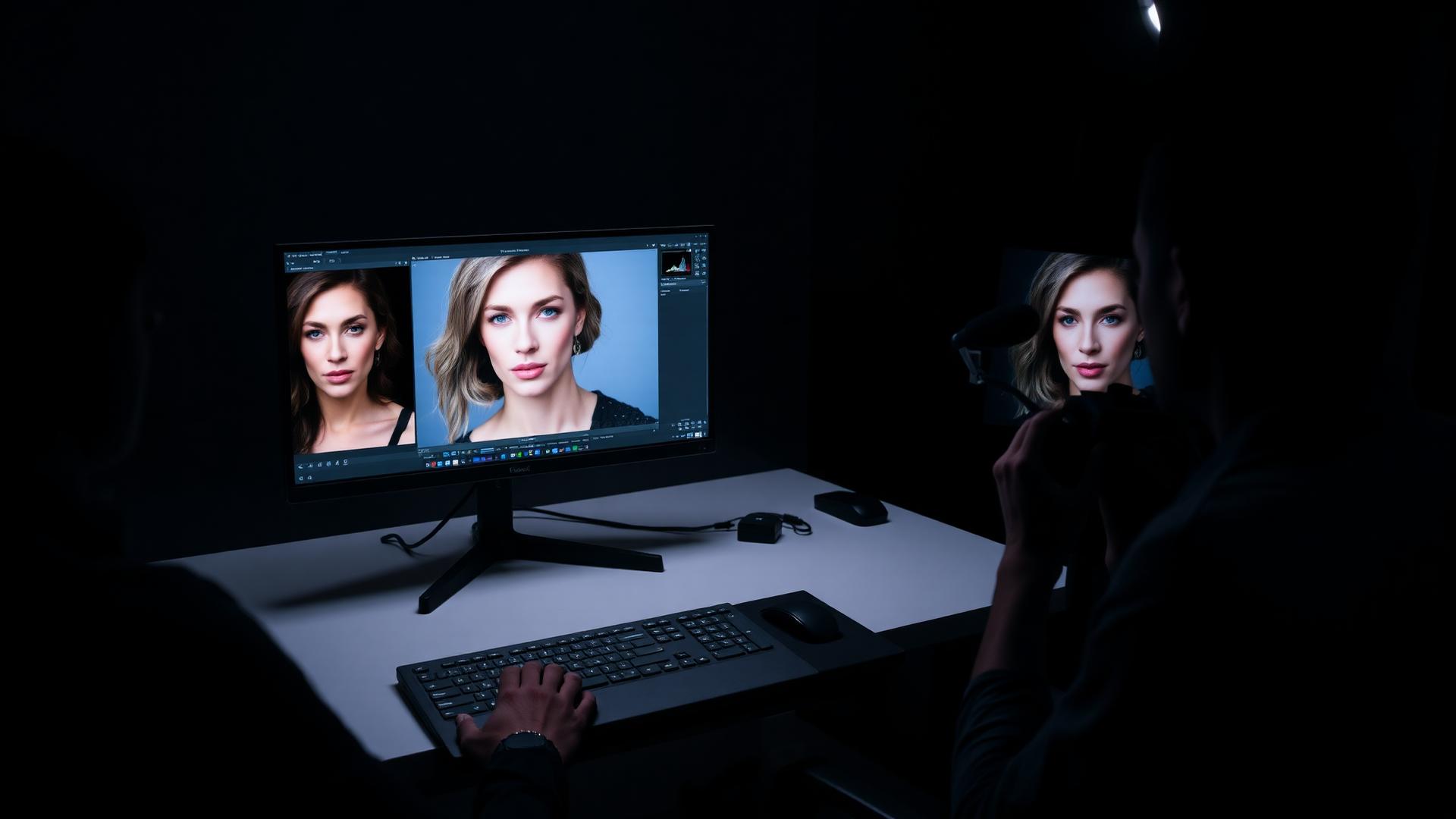 Professional photo retouching workspace with monitor showing portrait editing