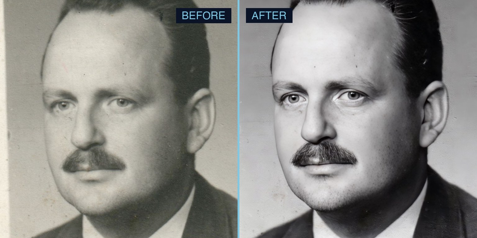 Before and after photo enhancement: a faded, flat print on the left, sharp and correctly exposed on the right